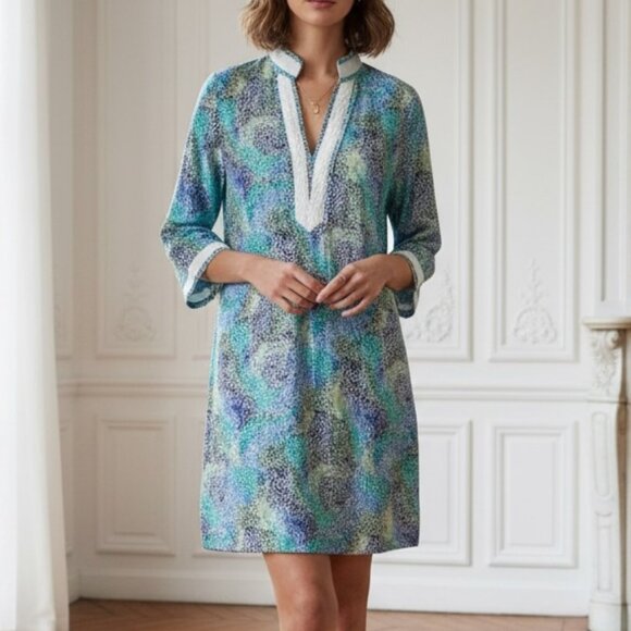 Peter Millar Purple Blue Abstract Print Long Sleeve Dress Medium - Picture 1 of 9